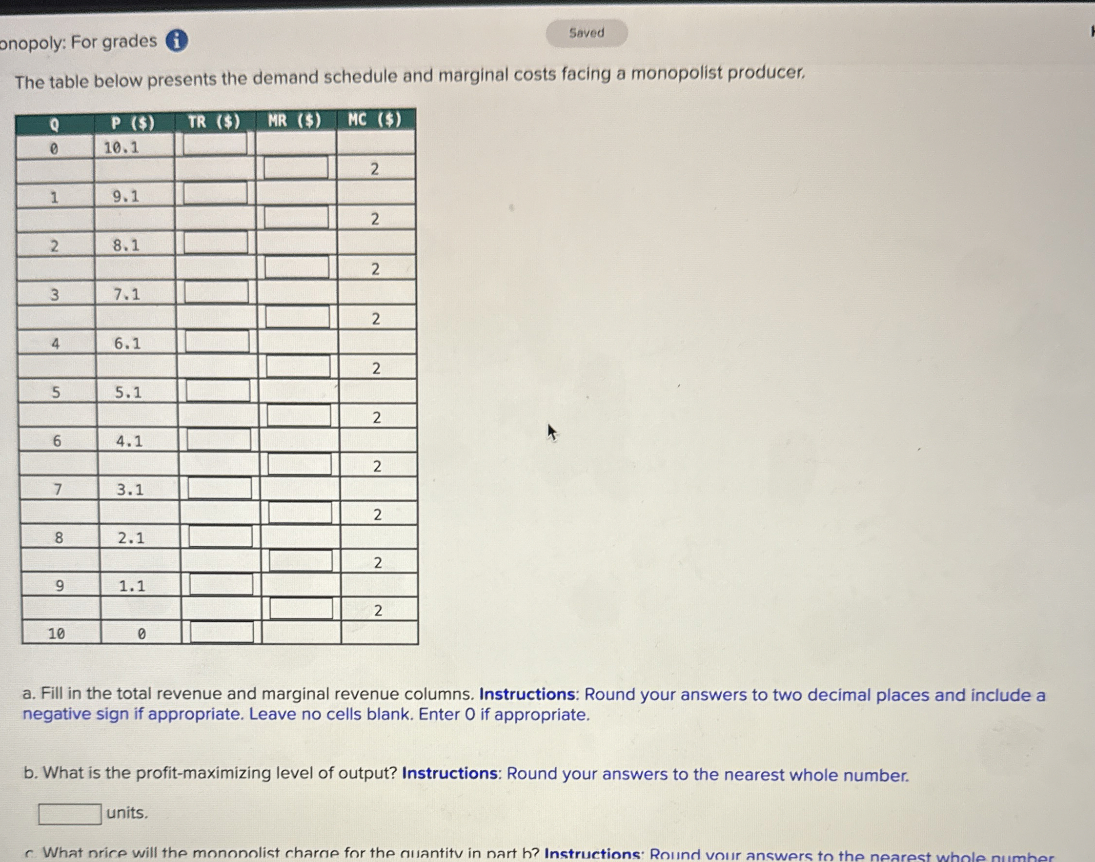 onopoly: For grades The table below presents the