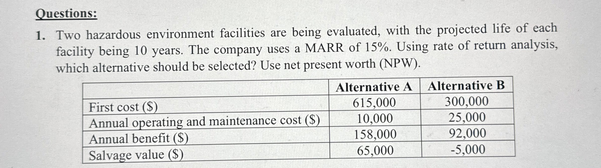 Questions: Two hazardous environment facilities