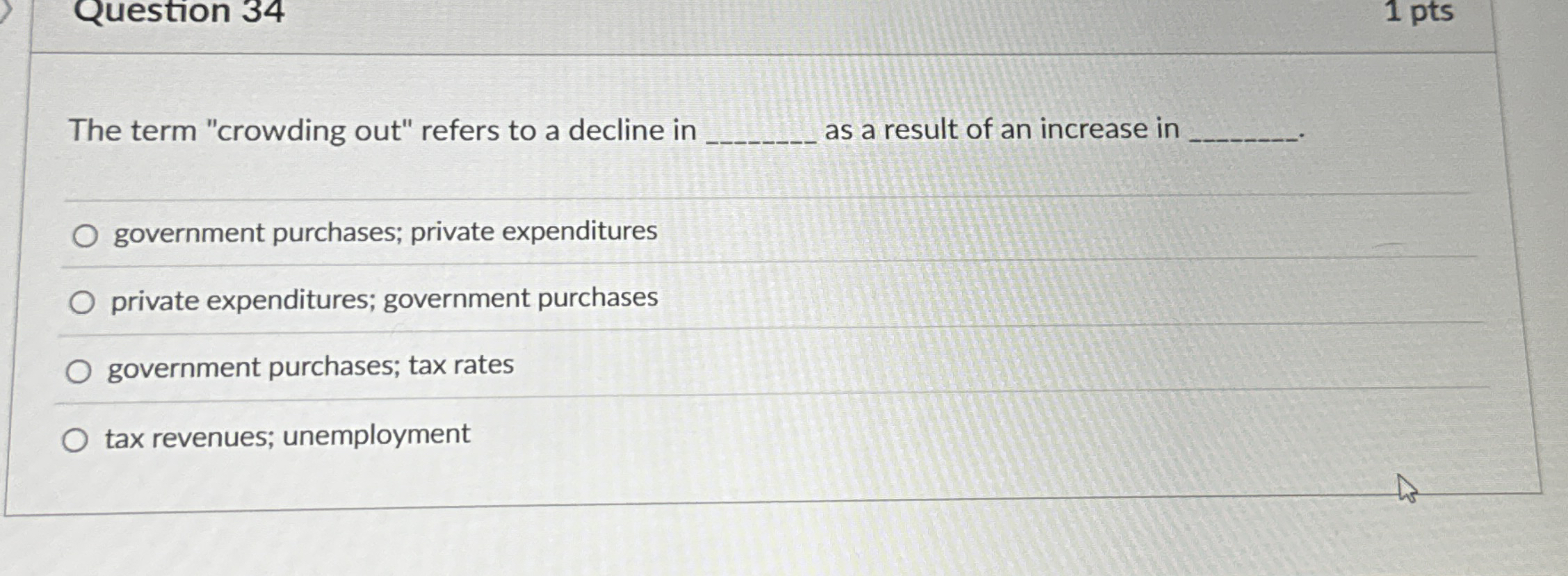 Question 3 4 1 pts The term "crowding out" refers