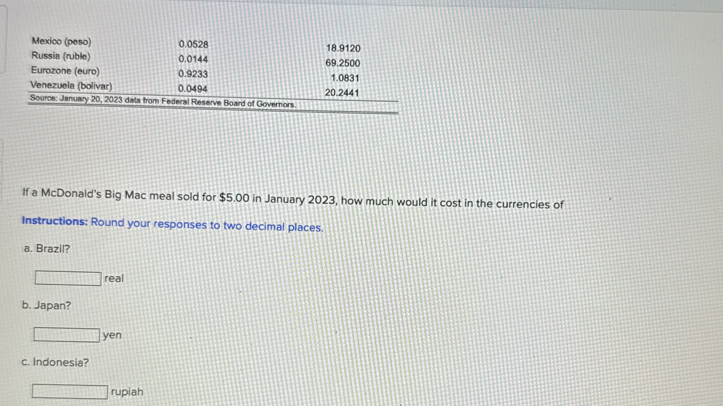 \ table [ [ Mexico ( peso ) , 0 . 0 5 2 8 , 1 8 .