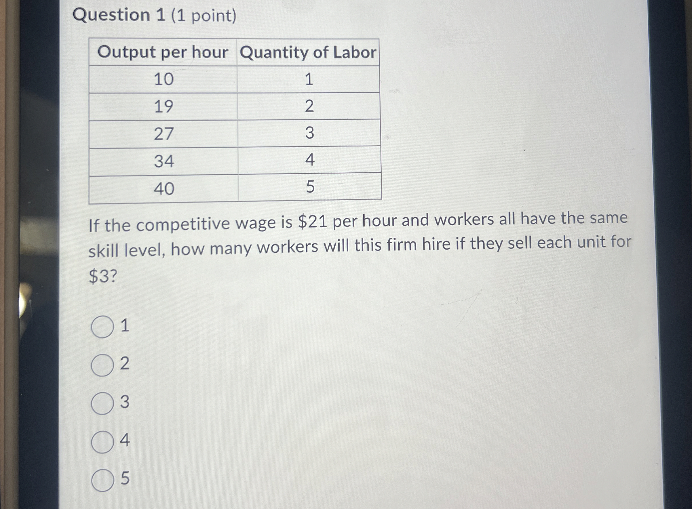Question 1 ( 1 point ) \ table [ [ Output per