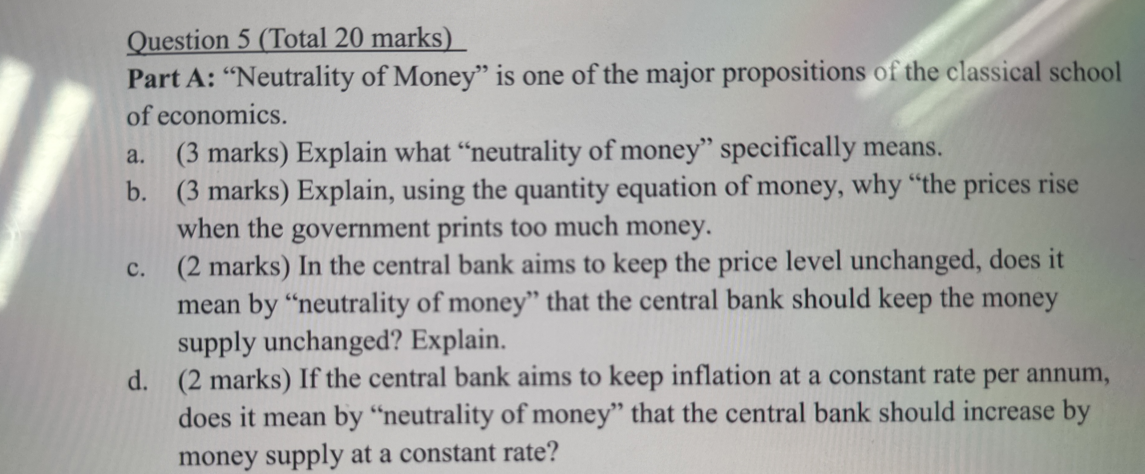 Question 5 ( Total 2 0 marks ) Part A:
