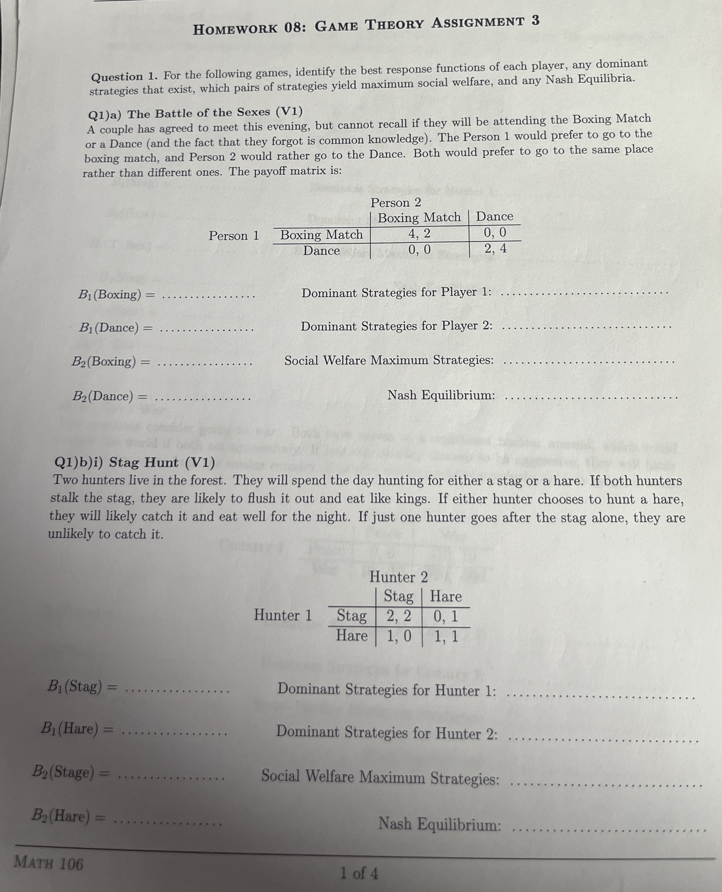 Homework 0 8 : Game Theory Assignment 3 Question