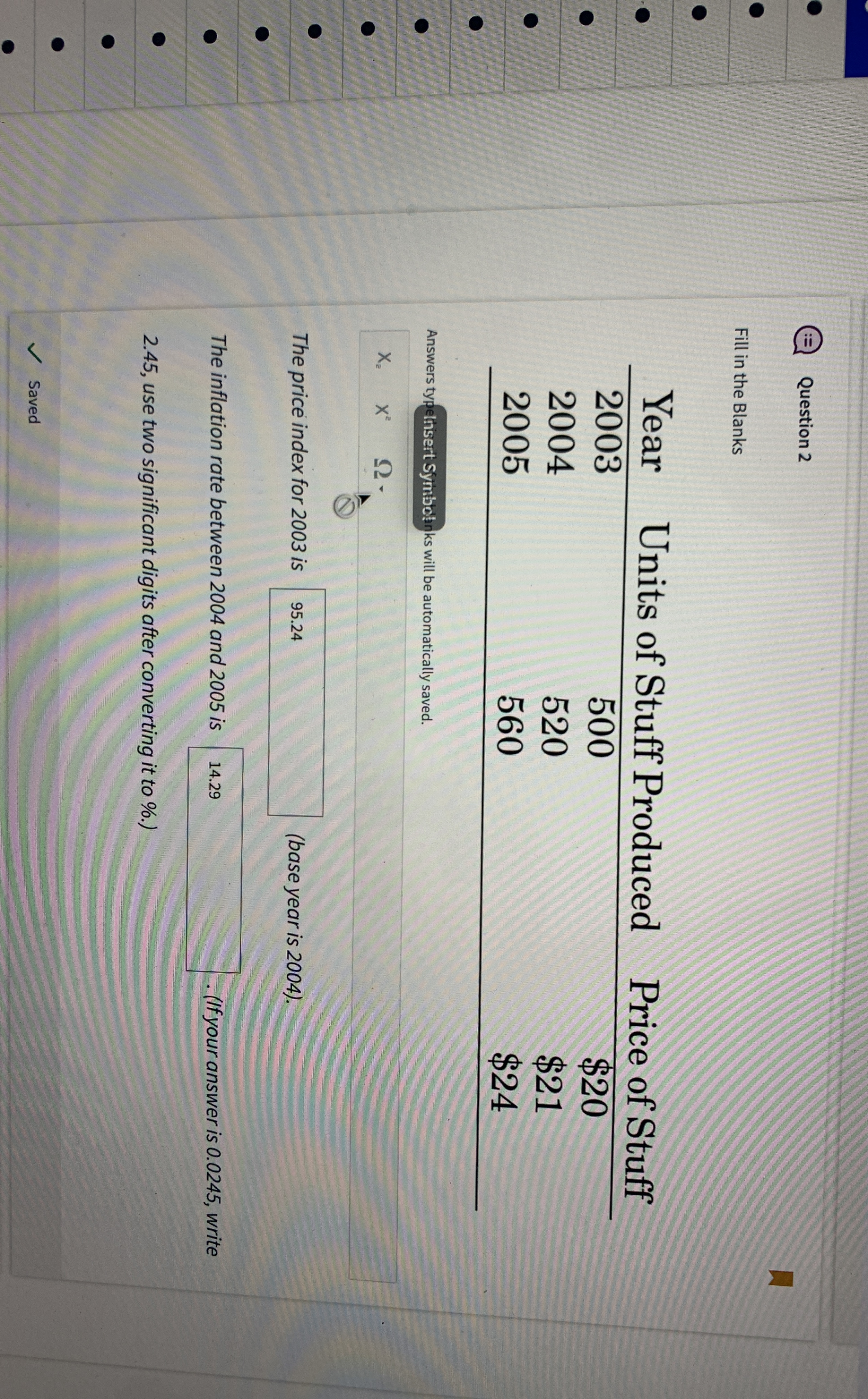 Question 2 Fill in the Blanks \ table [ [ Year ,