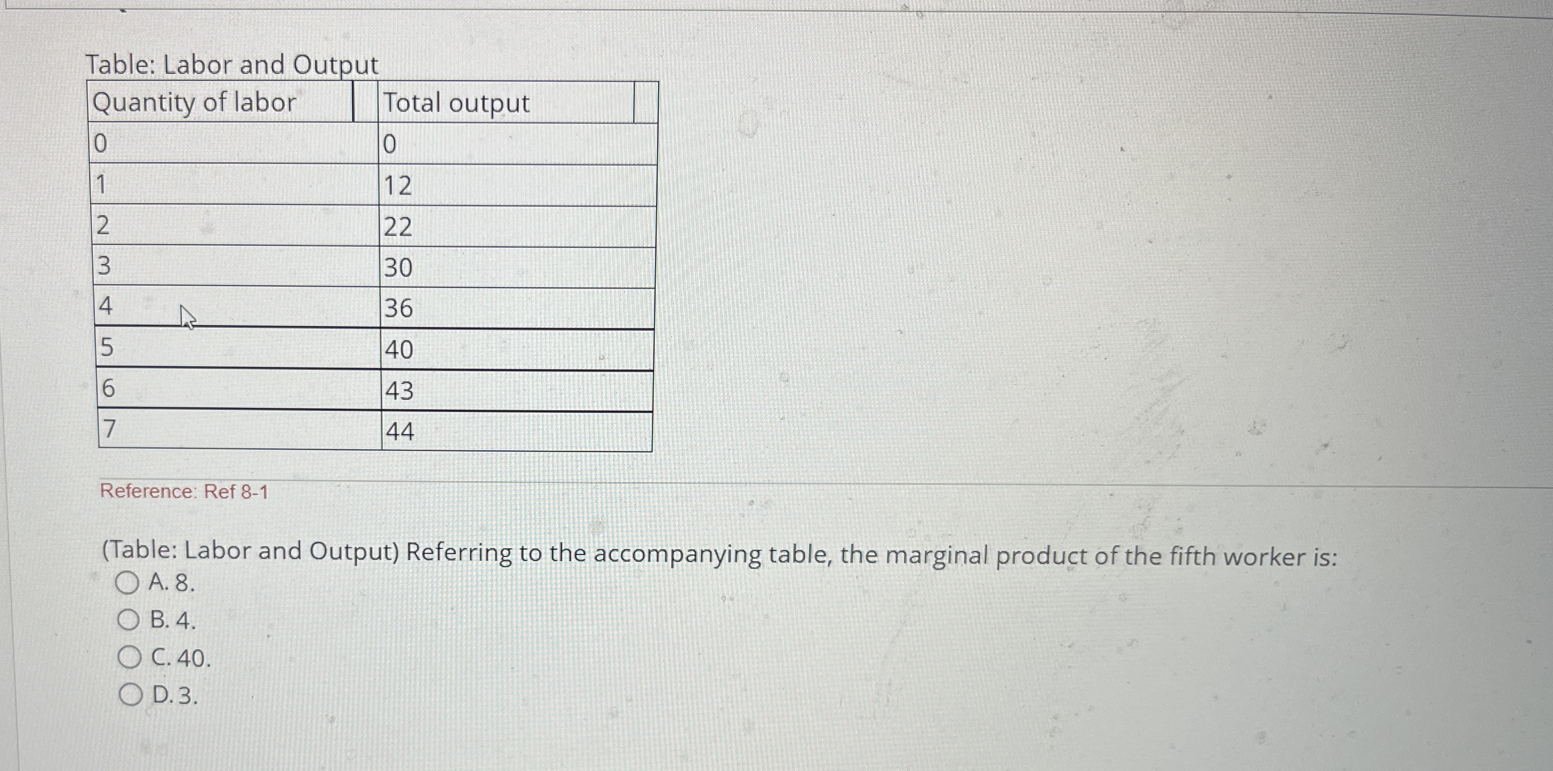 Table: Labor and Output \ table [ [ Quantity of