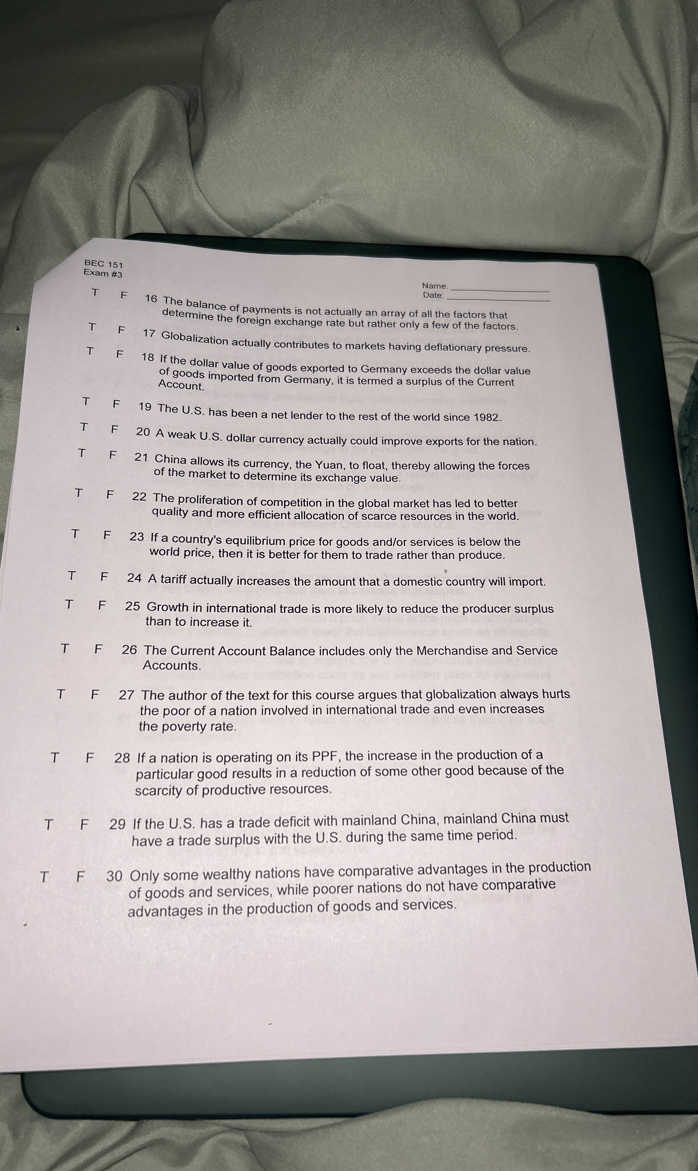 BEC 1 5 1 Exam # 3 Name q , T F 1 6 The balance