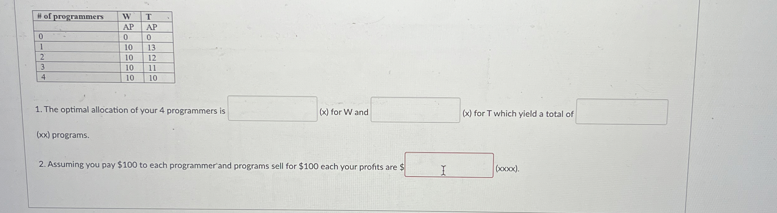 \ table [ [ # of programmers,W , T ] , [ , AP ,