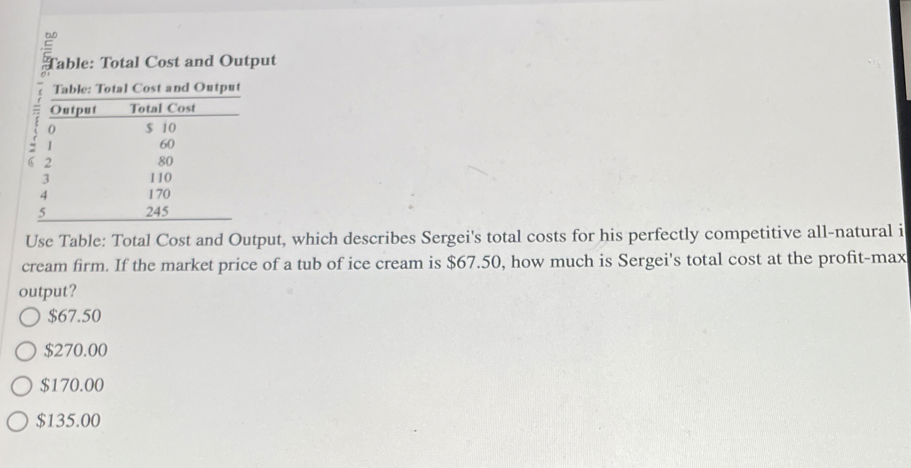 Table: Total Cost and Output \ table [ [ Table: