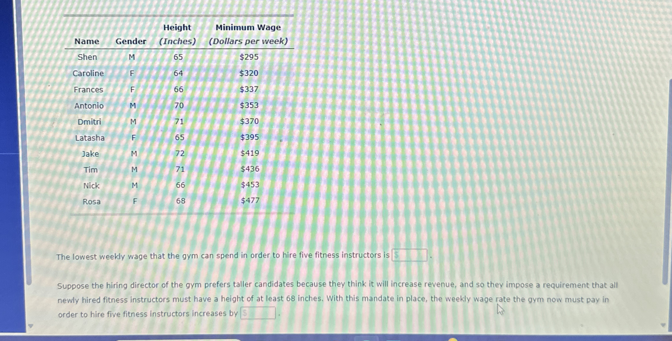 \ table [ [ Name , Gender, \ table [ [ Height ] ,