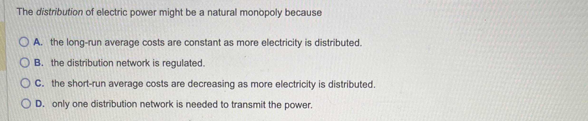 The distribution of electric power might be a