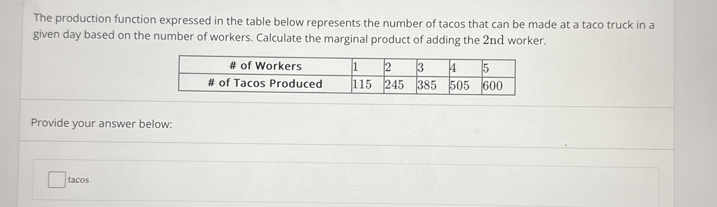 The production function expressed in the table