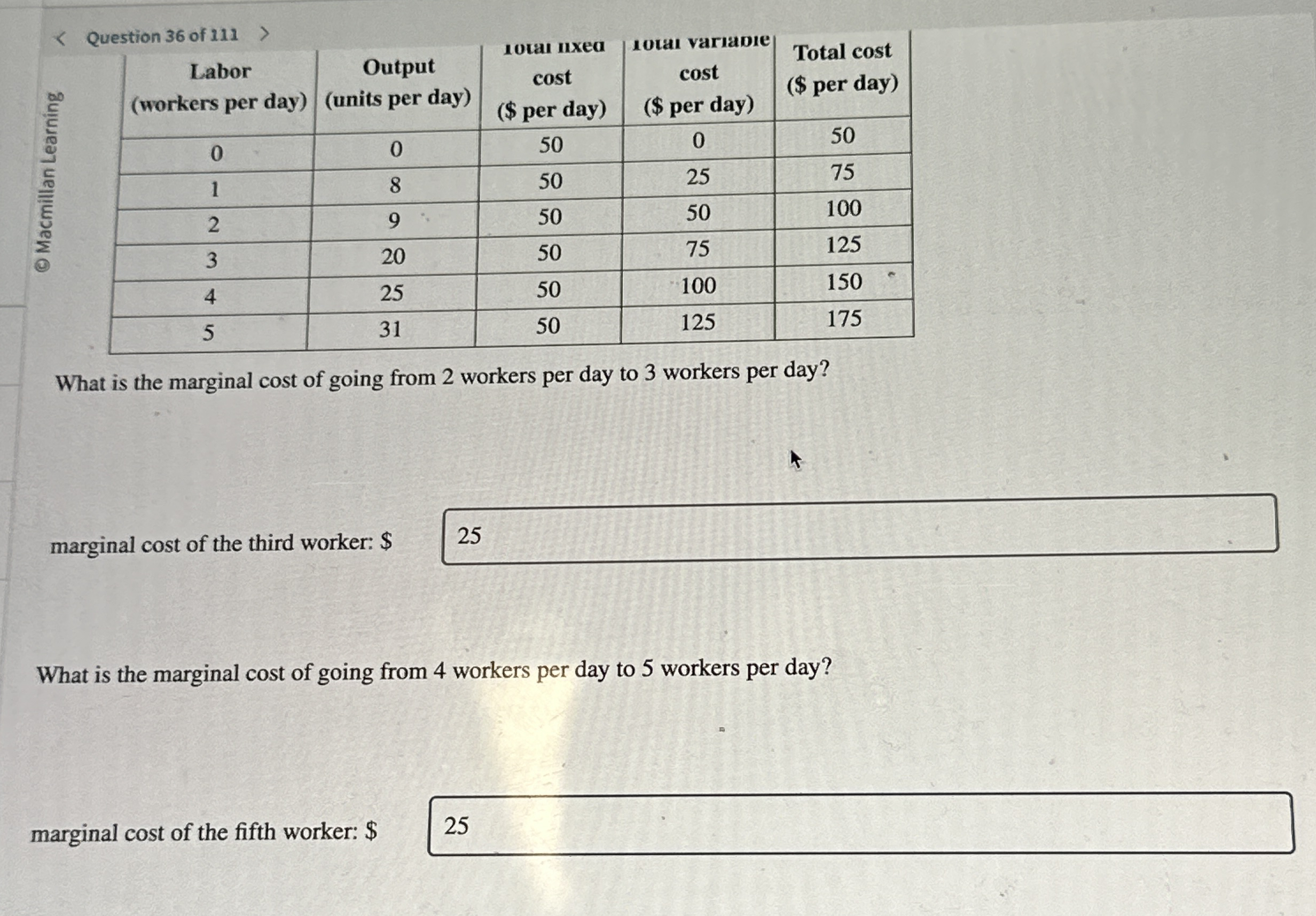 Question 3 6 of 1 1 1 \ table [ [ , Labor (