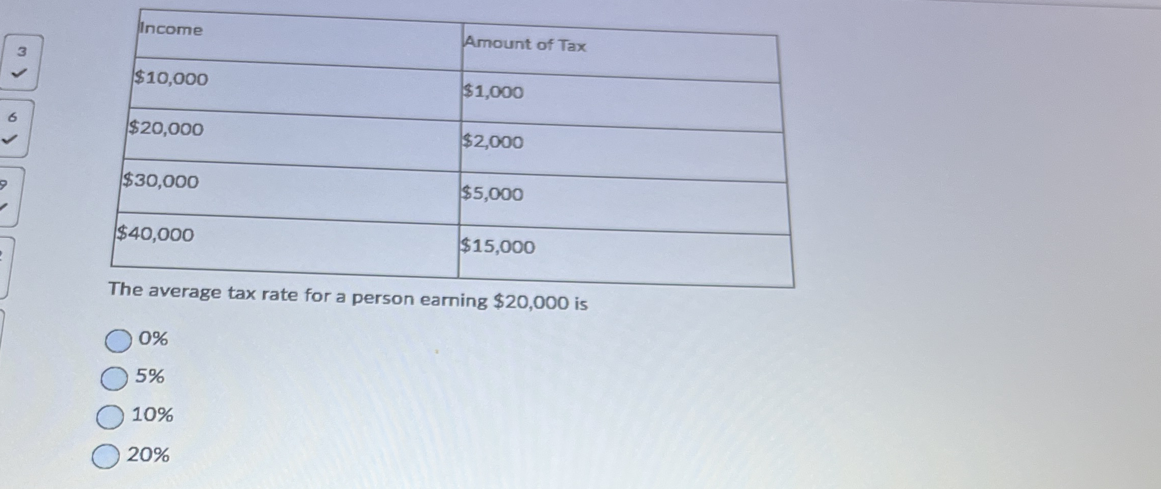 \ table [ [ Income , Amount of Tax ] , [ $ 1 0 ,