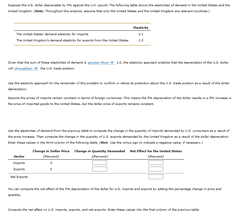 Suppose the U . S . dollar depreciates by 5 %