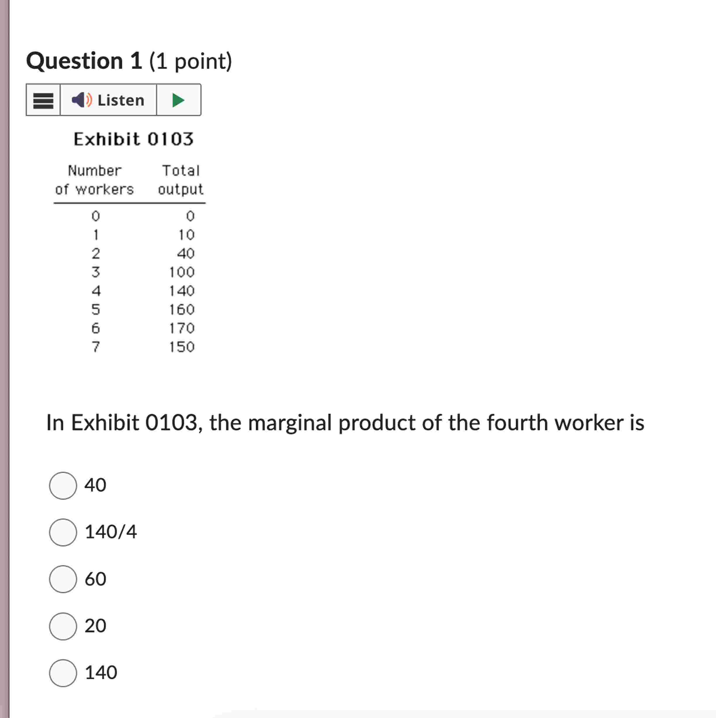 Question 1 ( 1 point ) Exhibit 0 1 0 3 In Exhibit