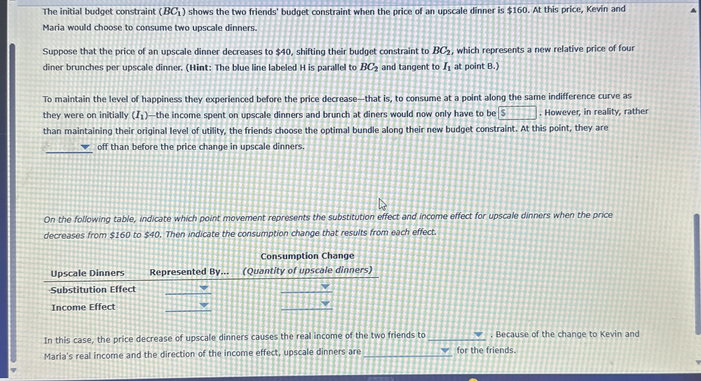 The initial budget constraint ( B C 1 ) shows the