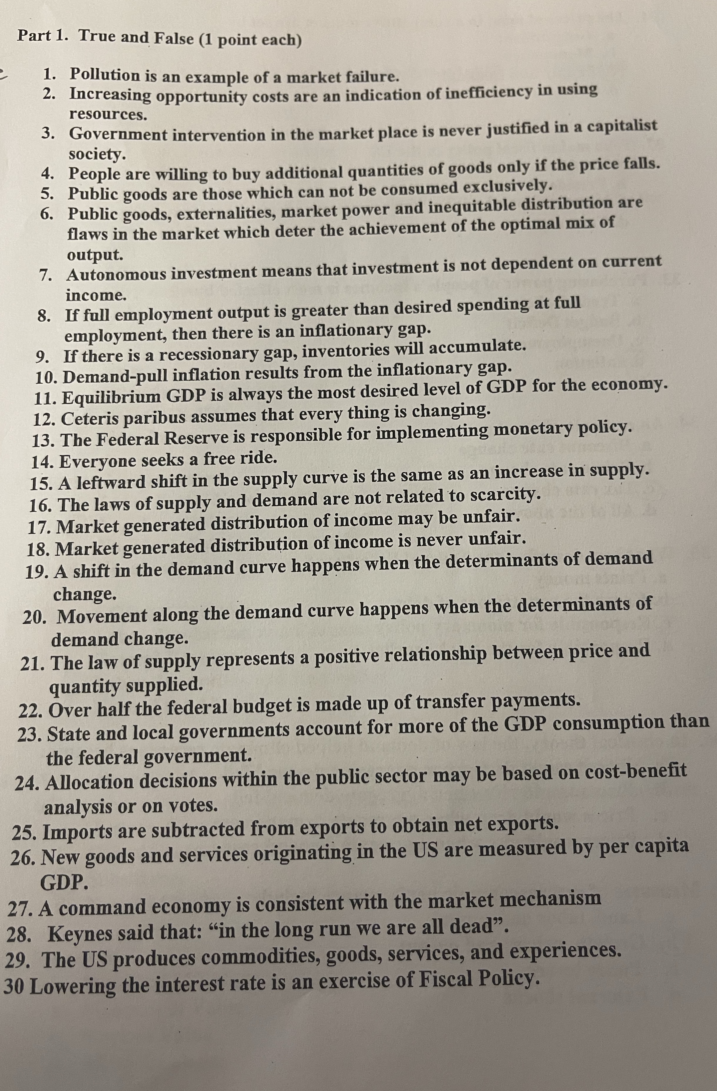 Part 1 . True and False ( 1 point each )