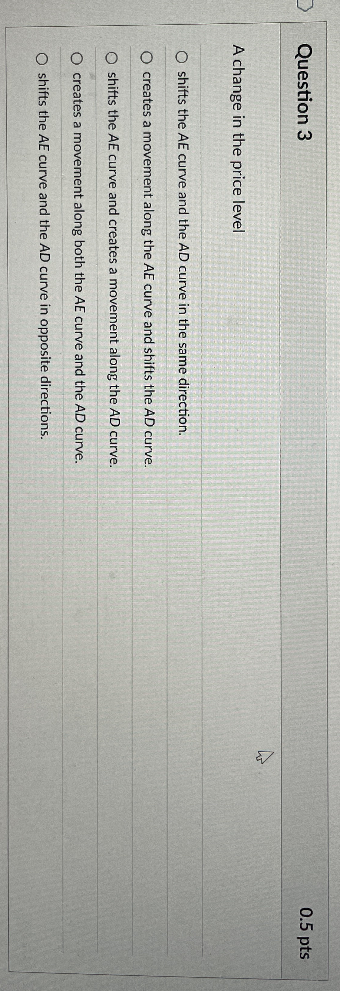 Question 3 0 . 5 pts A change in the price level