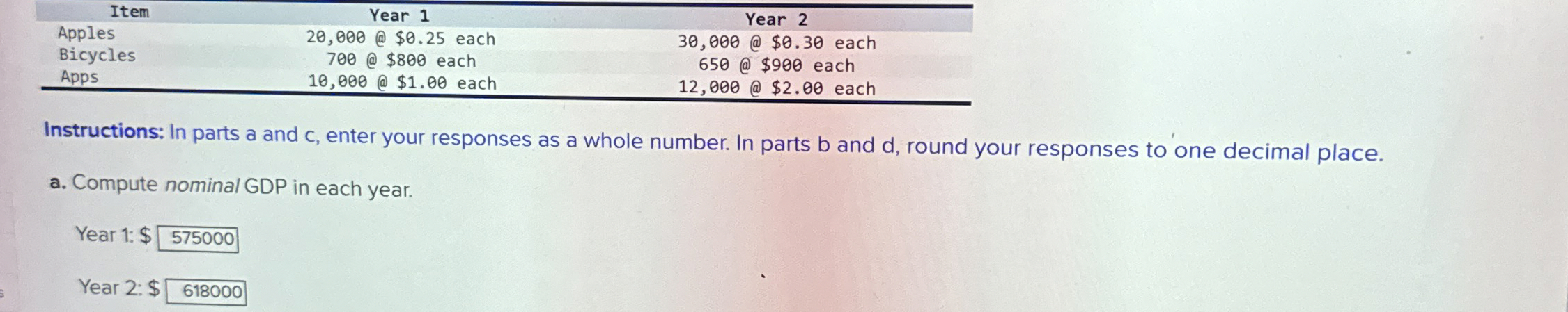 \ table [ [ Item , Year 1 , Year 2 ] , [ Apples ,
