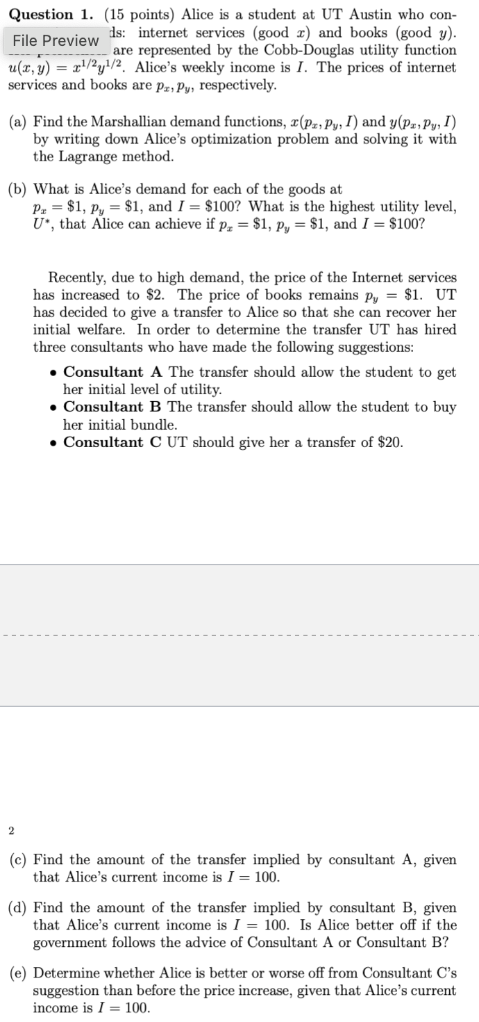 Question 1 . ( 1 5 points ) Alice is a student at