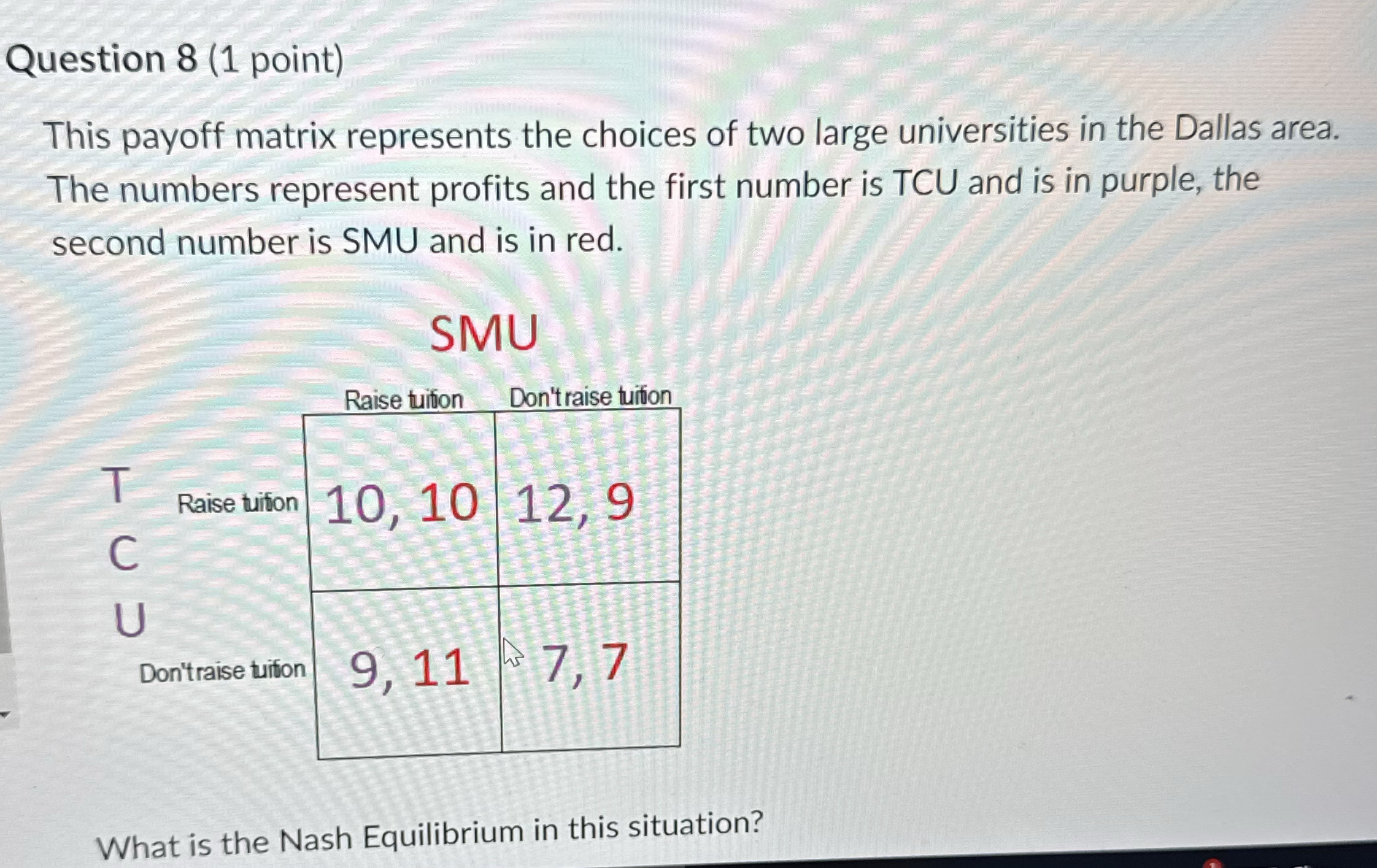 Question 8 ( 1 point ) This payoff matrix