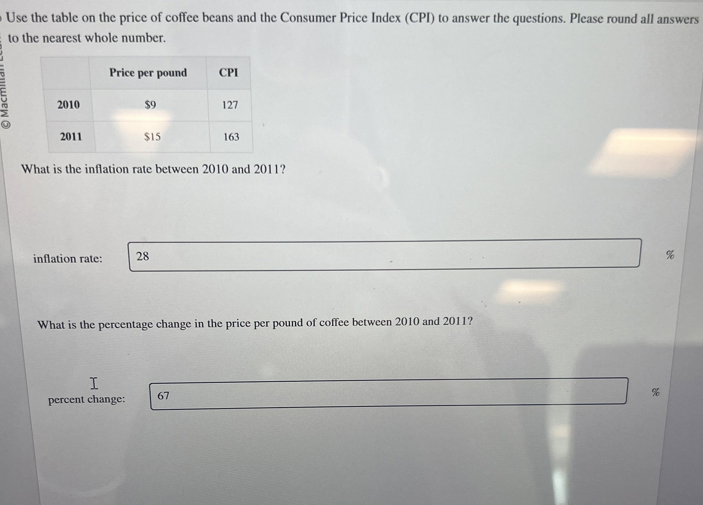 Use the table on the price of coffee beans and