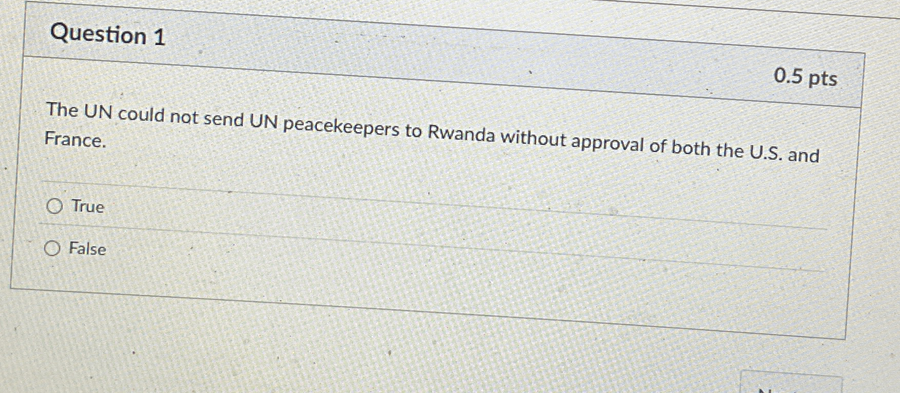 Question 1 0 . 5 pts The UN could not send UN