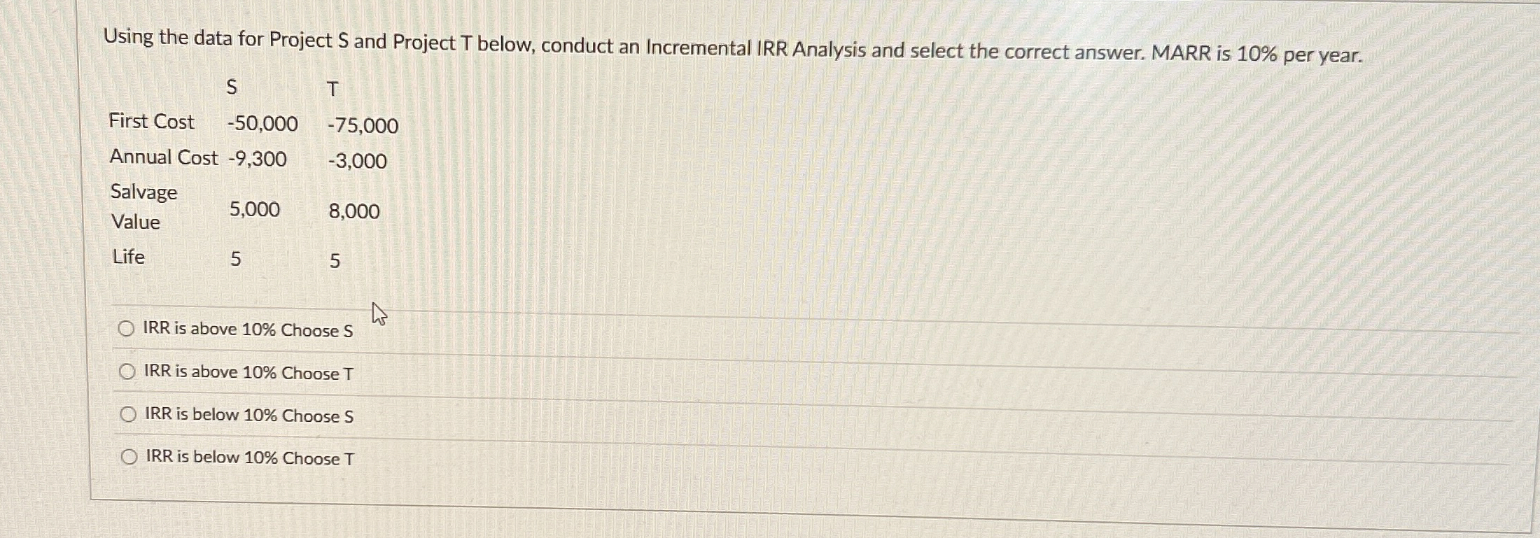 Using the data for Project S and Project T below,