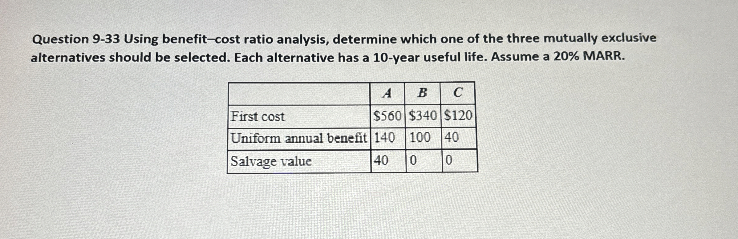 Question 9 - 3 3 Using benefit - cost ratio