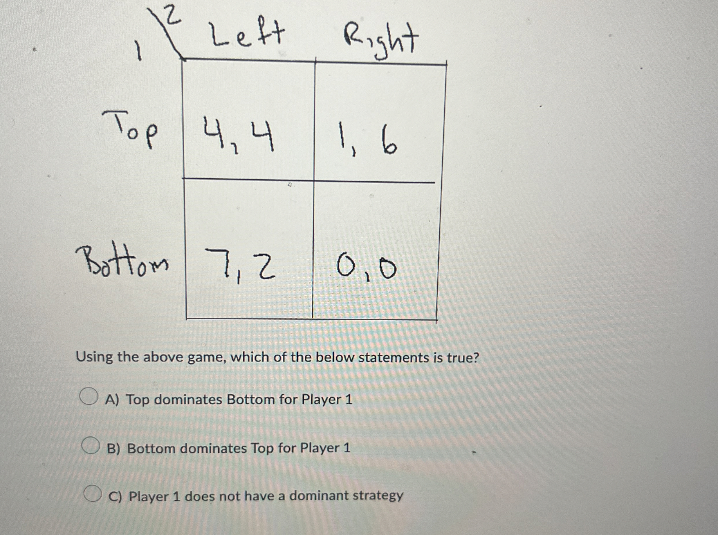 A ) Top dominates Bottom for Player 1 B ) Bottom