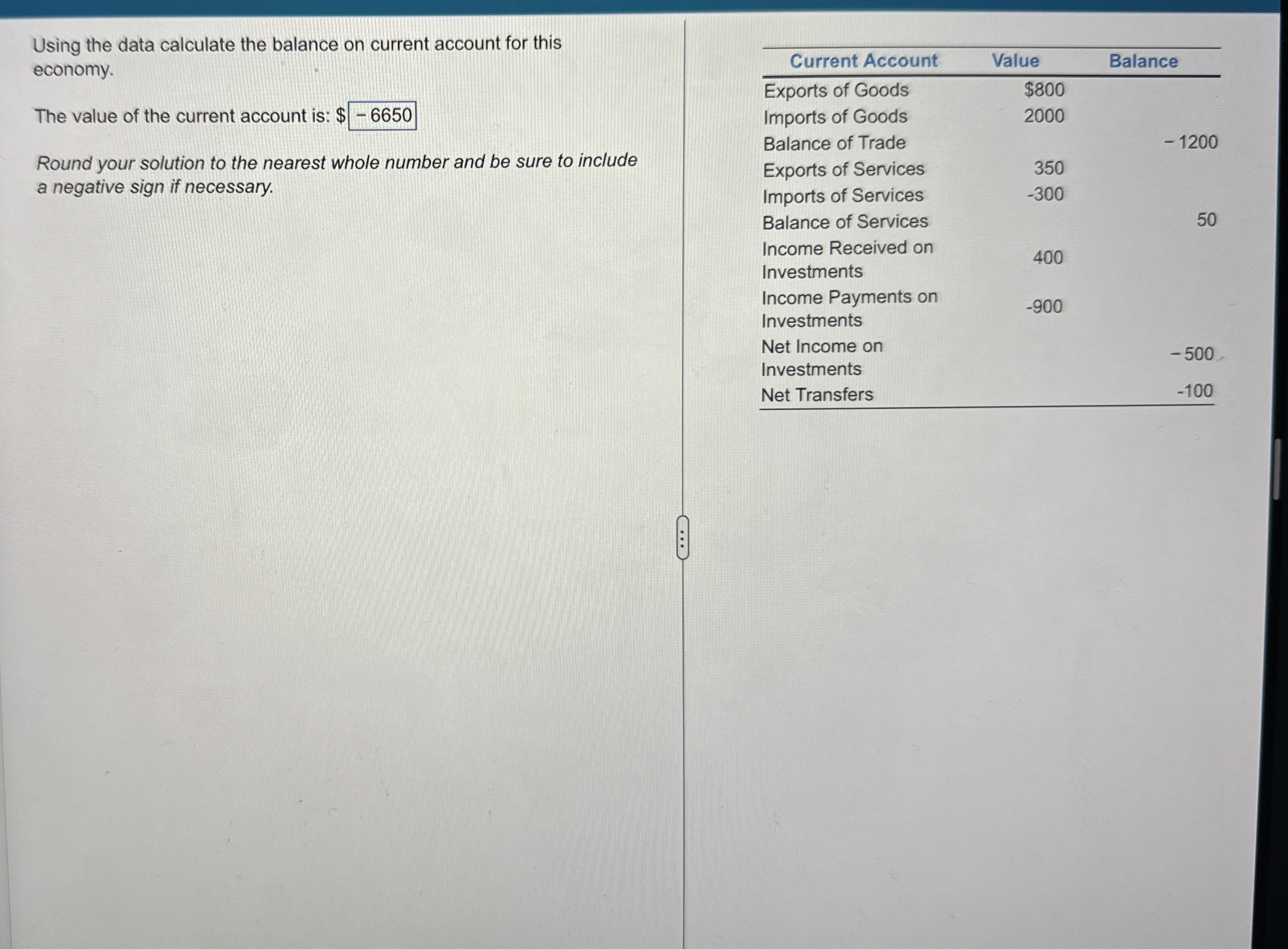 Using the data calculate the balance on current