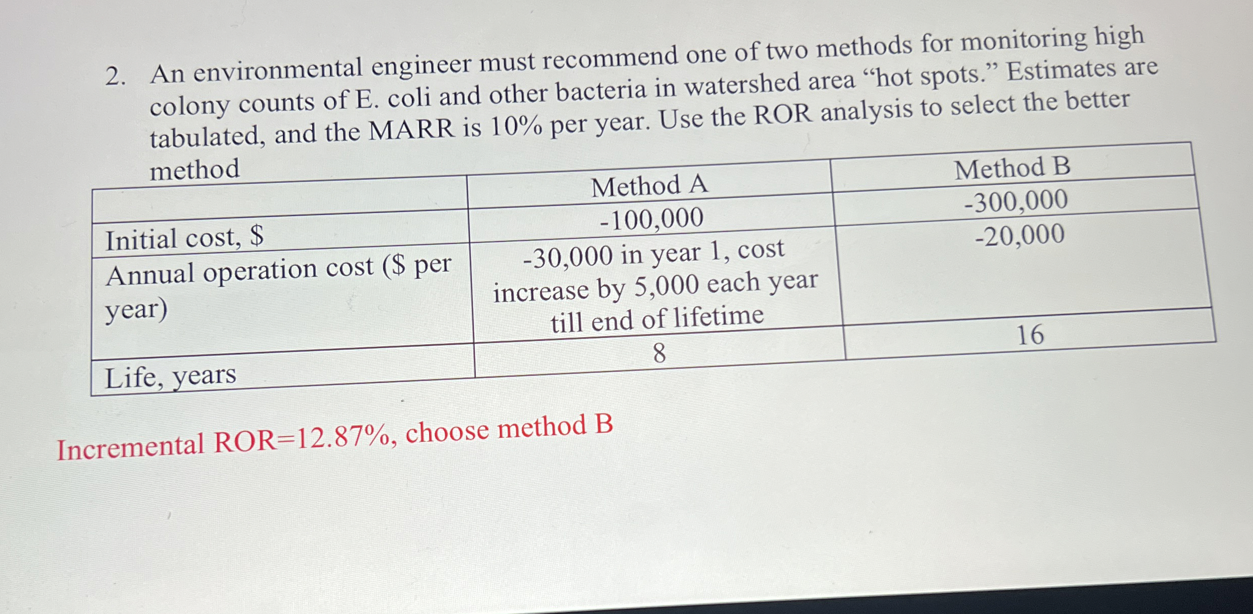 An environmental engineer must recommend one of