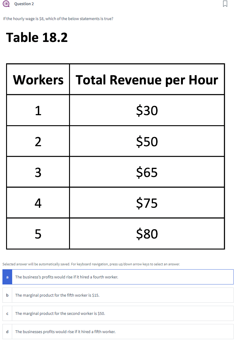 Question 2 If the hourly wage is \ ( \ $ 8 \ ) ,