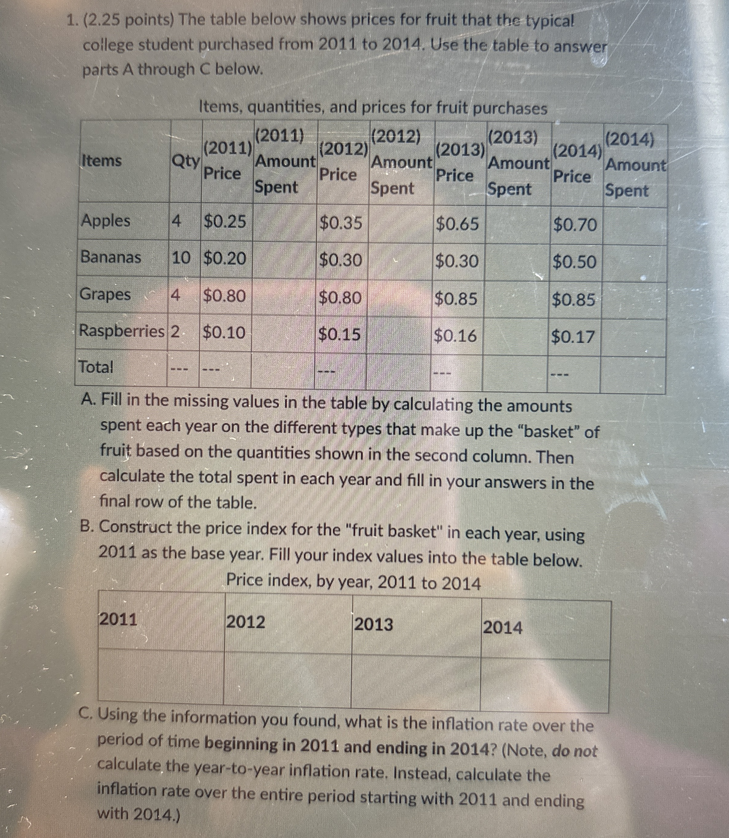 ( 2 . 2 5 points ) The table below shows prices