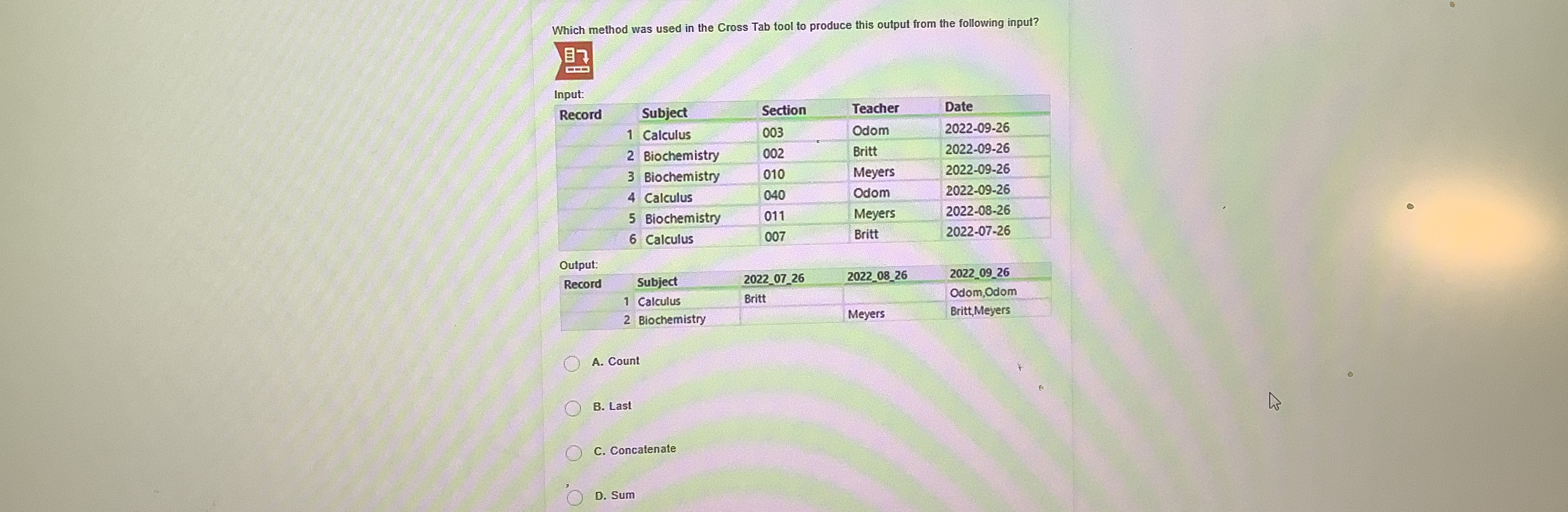 Which method was used in the Cross Tab tool to