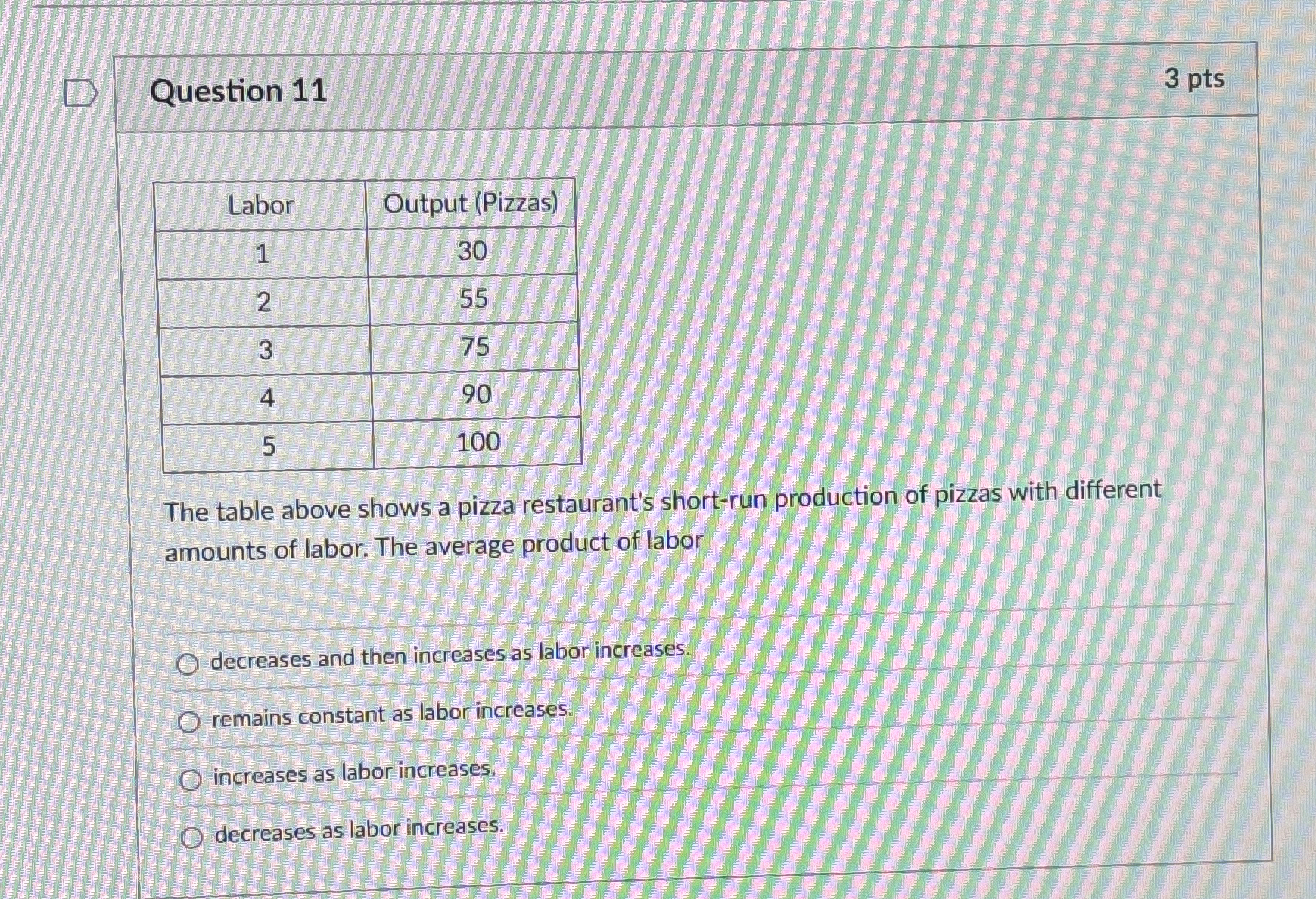 Question 1 1 3 pts \ table [ [ Labor , Output (