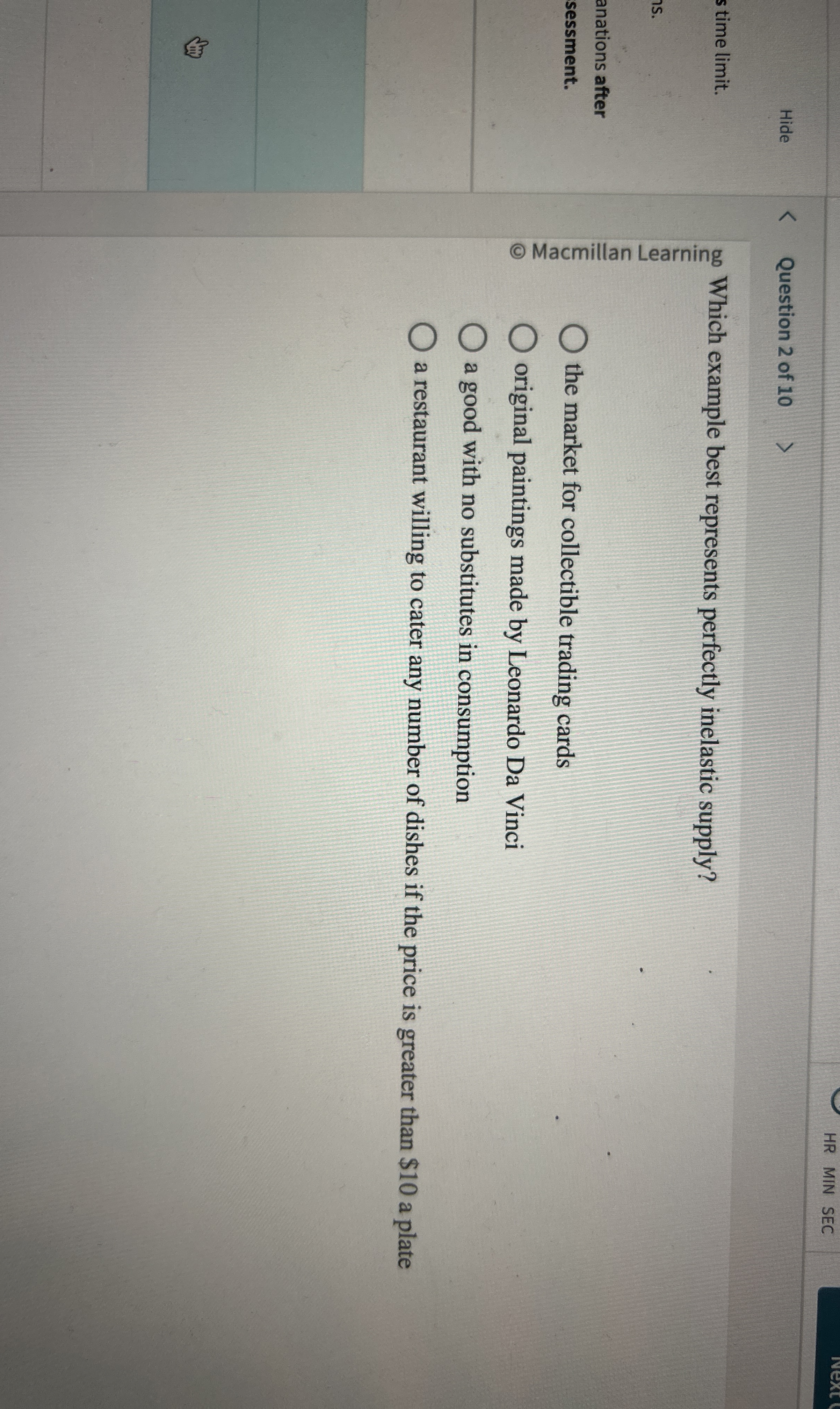 HR MIN SEC Hide Question 2 of 1 0 s time limit .