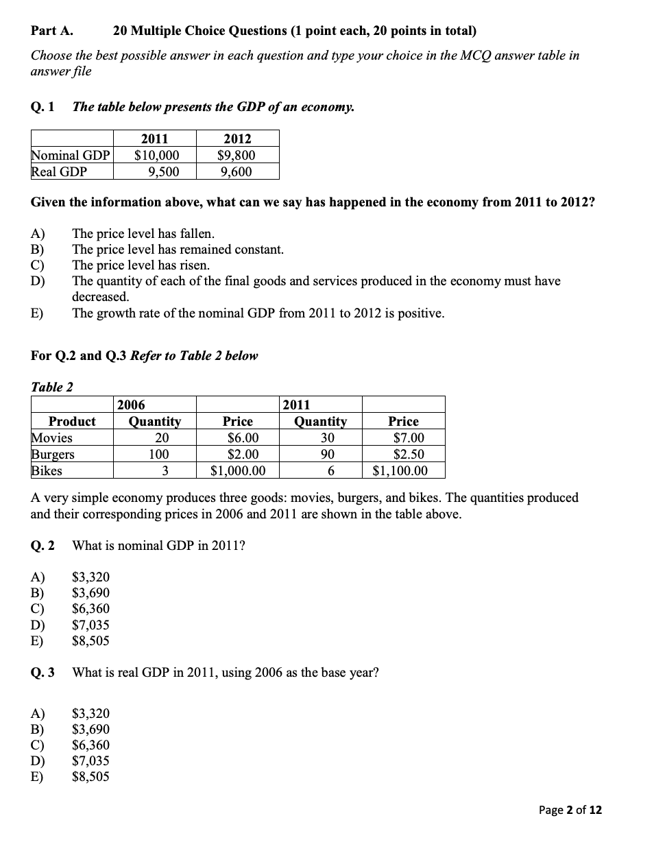 Part A . 2 0 Multiple Choice Questions ( 1 point
