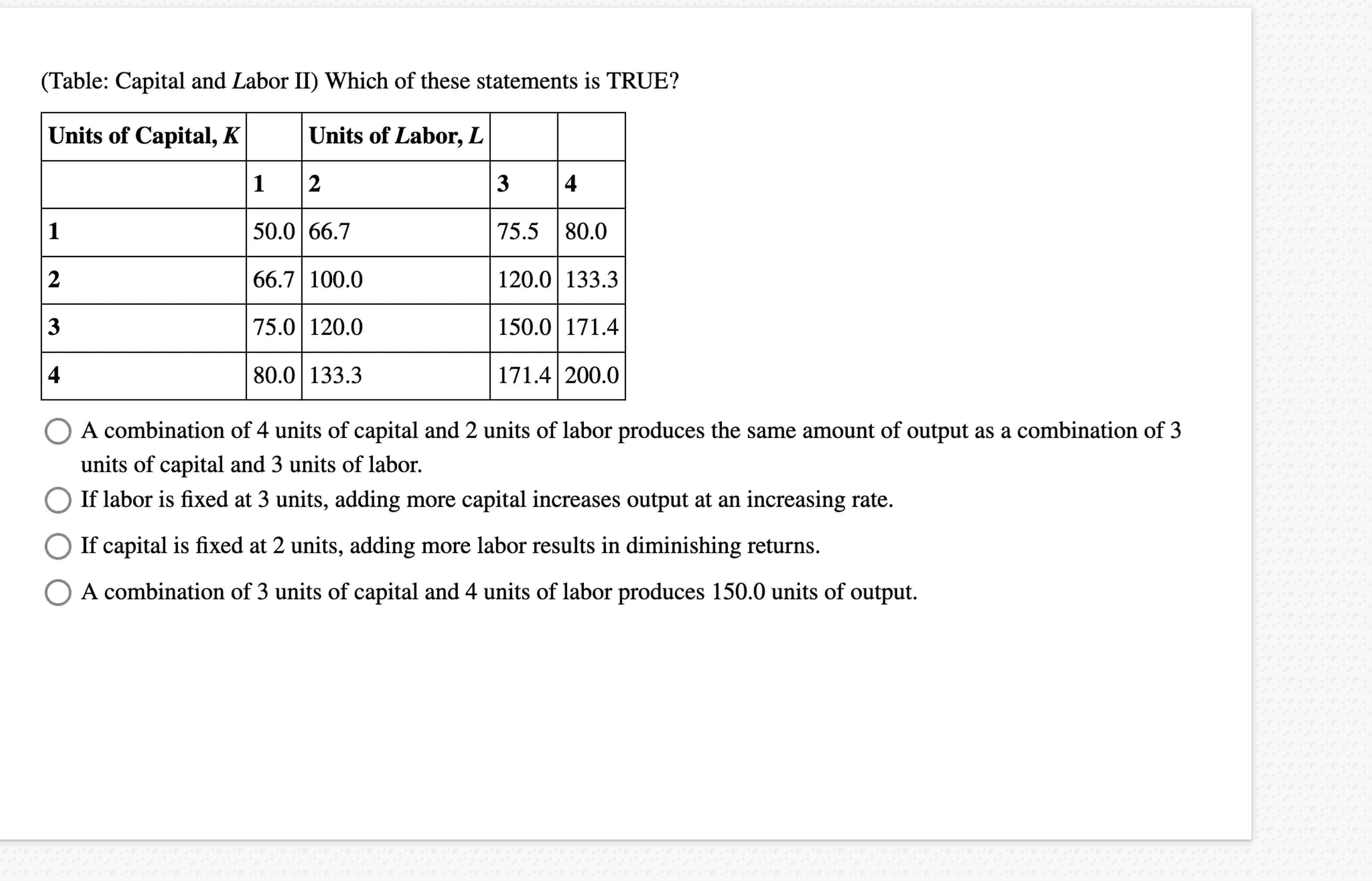 ( Table: Capital and Labor II ) Which of these