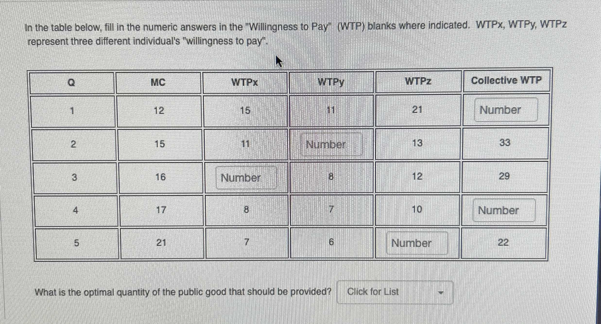 In the table below, fill in the numeric answers