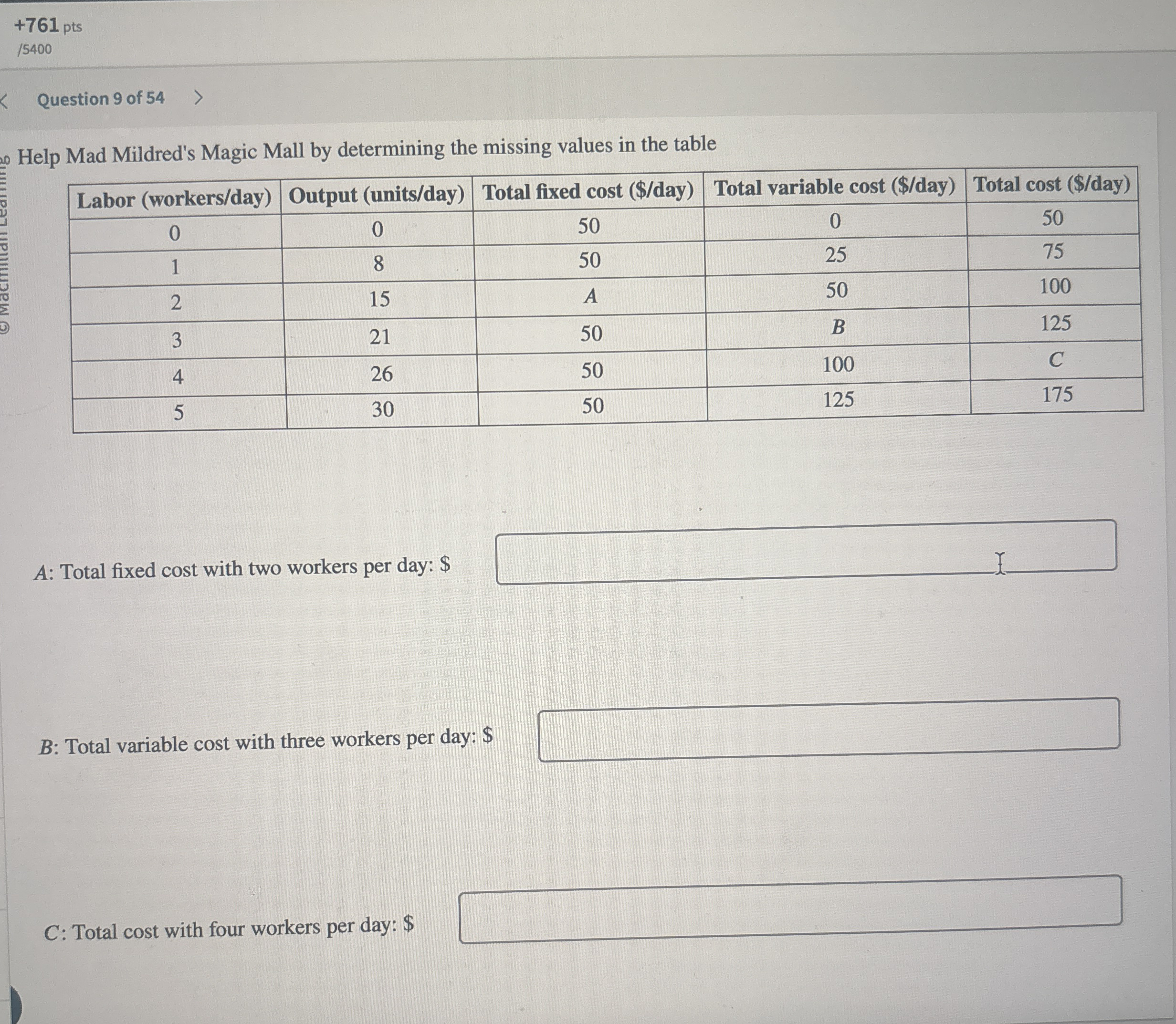 + 7 6 1 p t s / 5 4 0 0 Question 9 of 5 4 Help