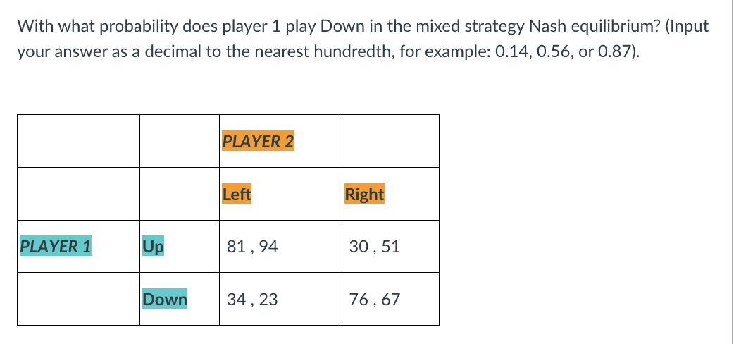 With what probability does player 1 play Down in