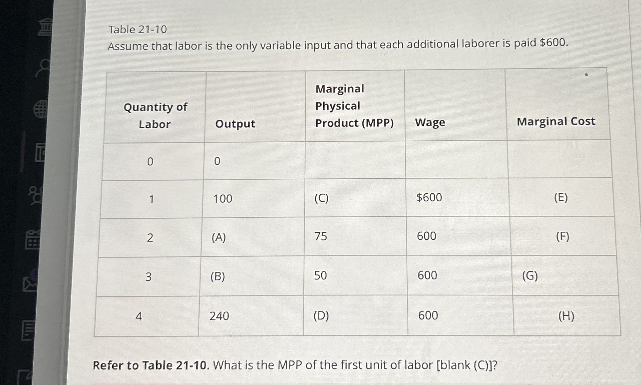 Table 2 1 - 1 0 Assume that labor is the only