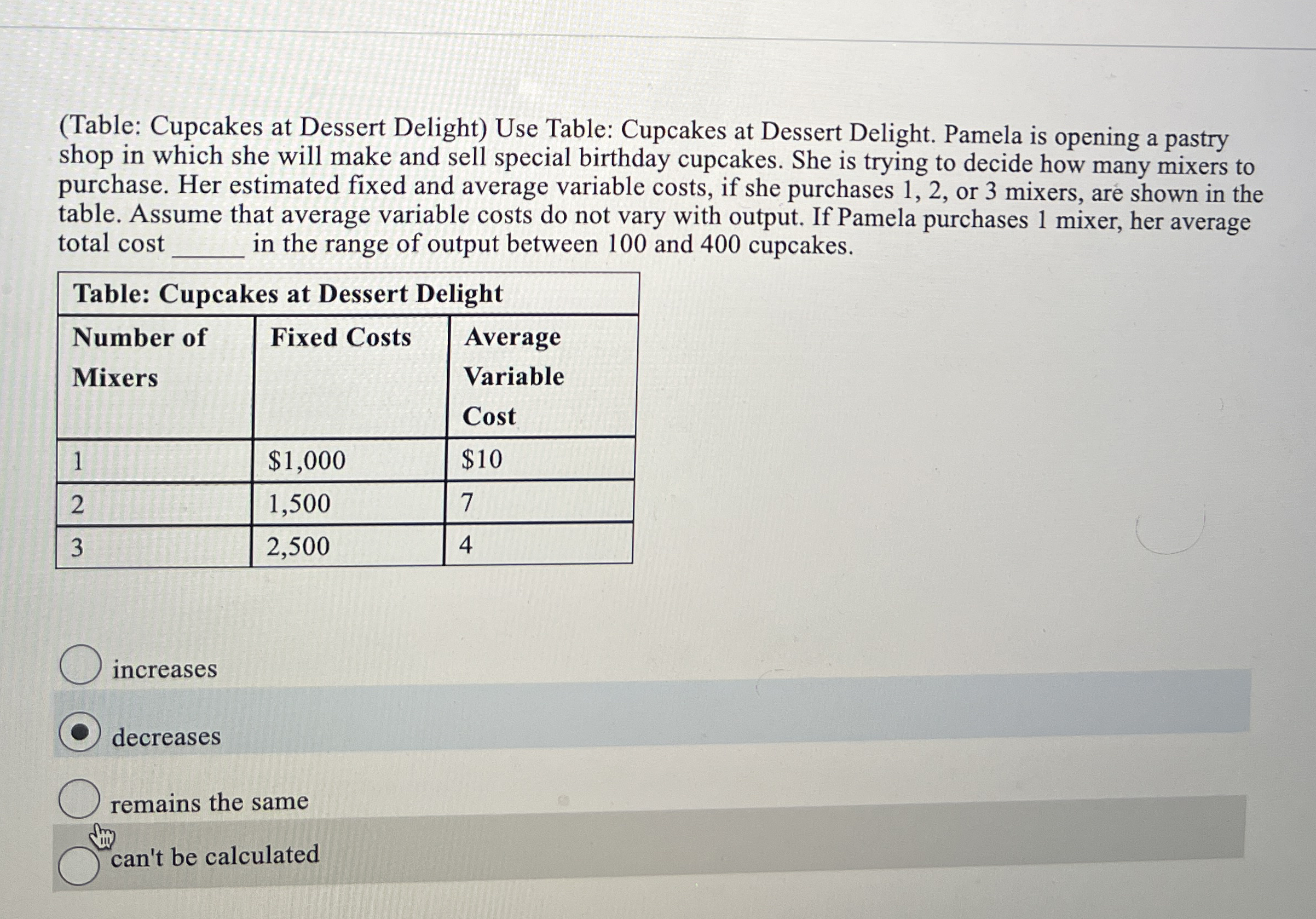 ( Table: Cupcakes at Dessert Delight ) Use Table: