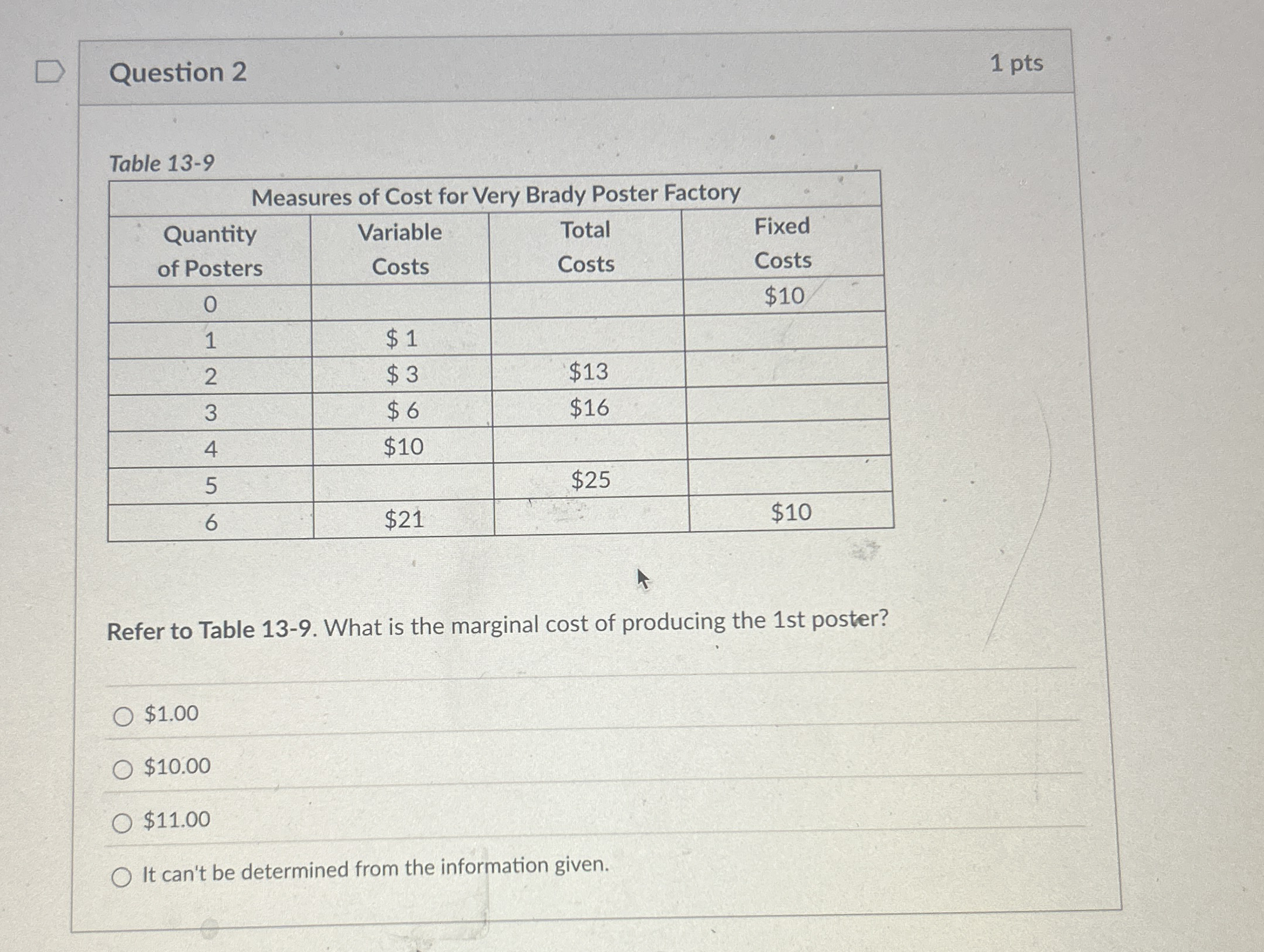 Question 2 1 pts Table 1 3 - 9 \ table [ [