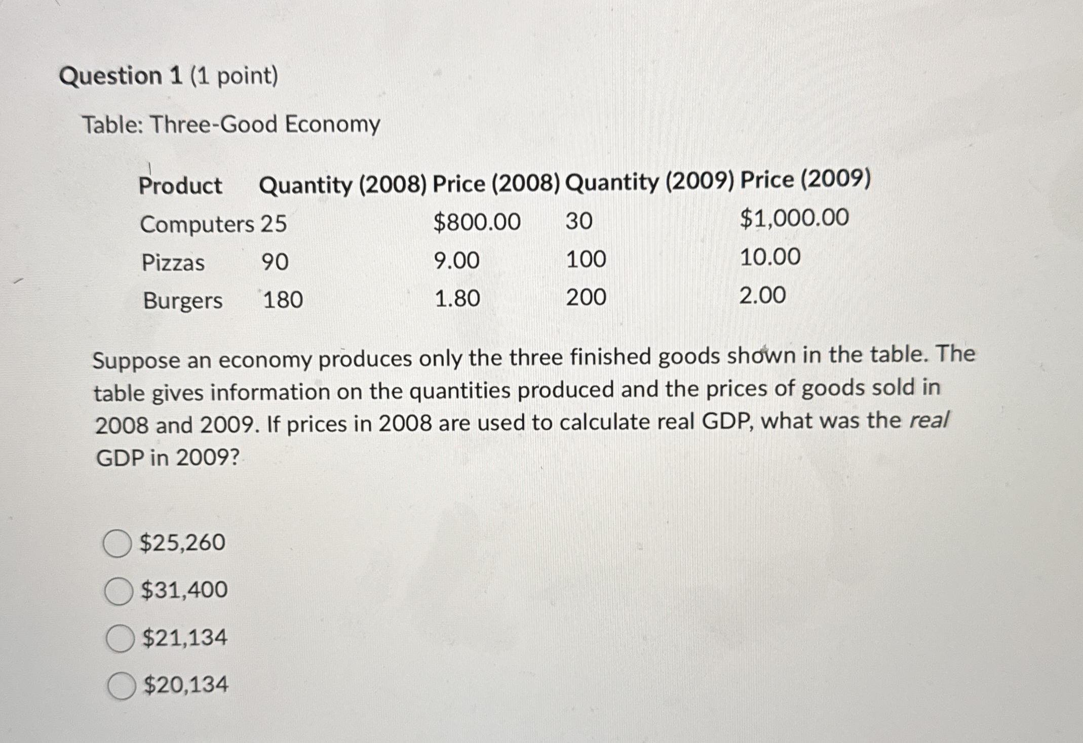 Question 1 ( 1 point ) Table: Three - Good