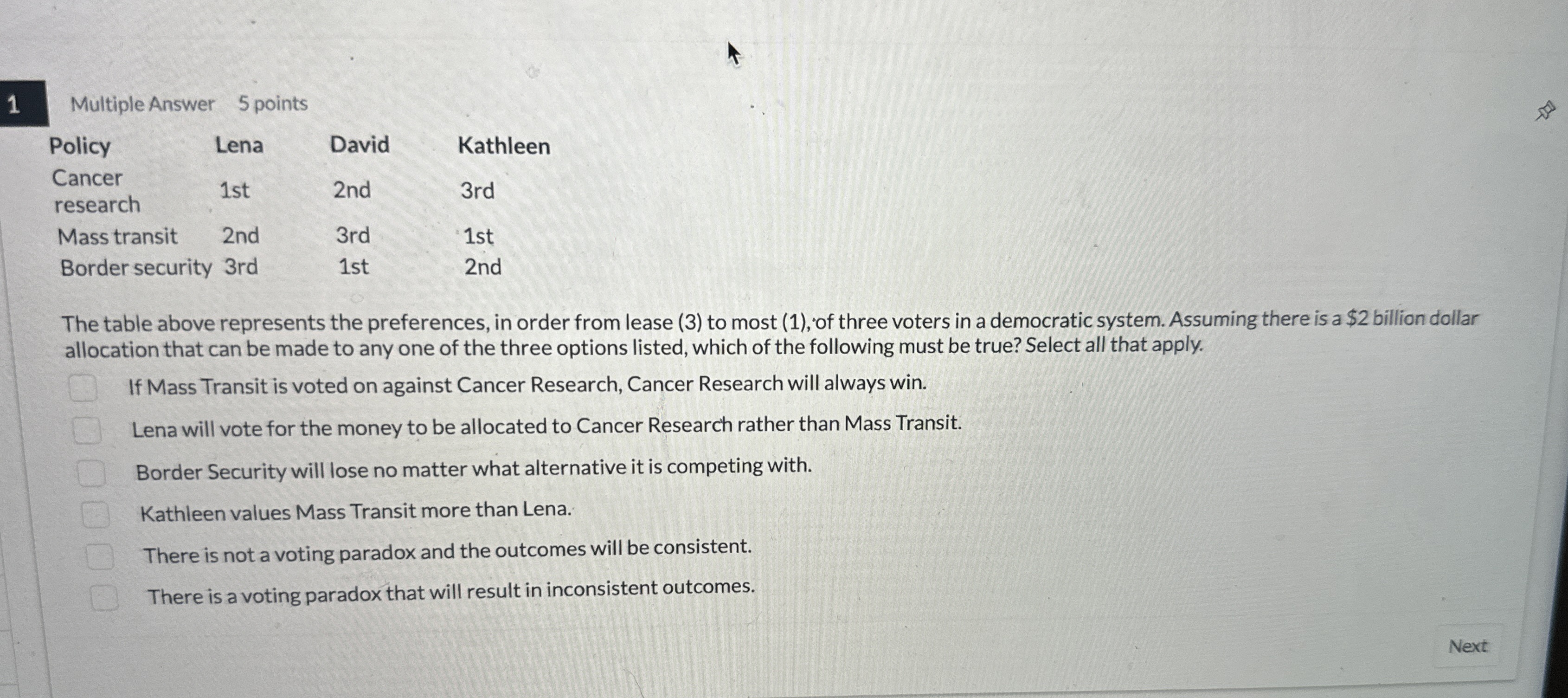 1 Multiple Answer 5 points \ table [ [ Policy ,