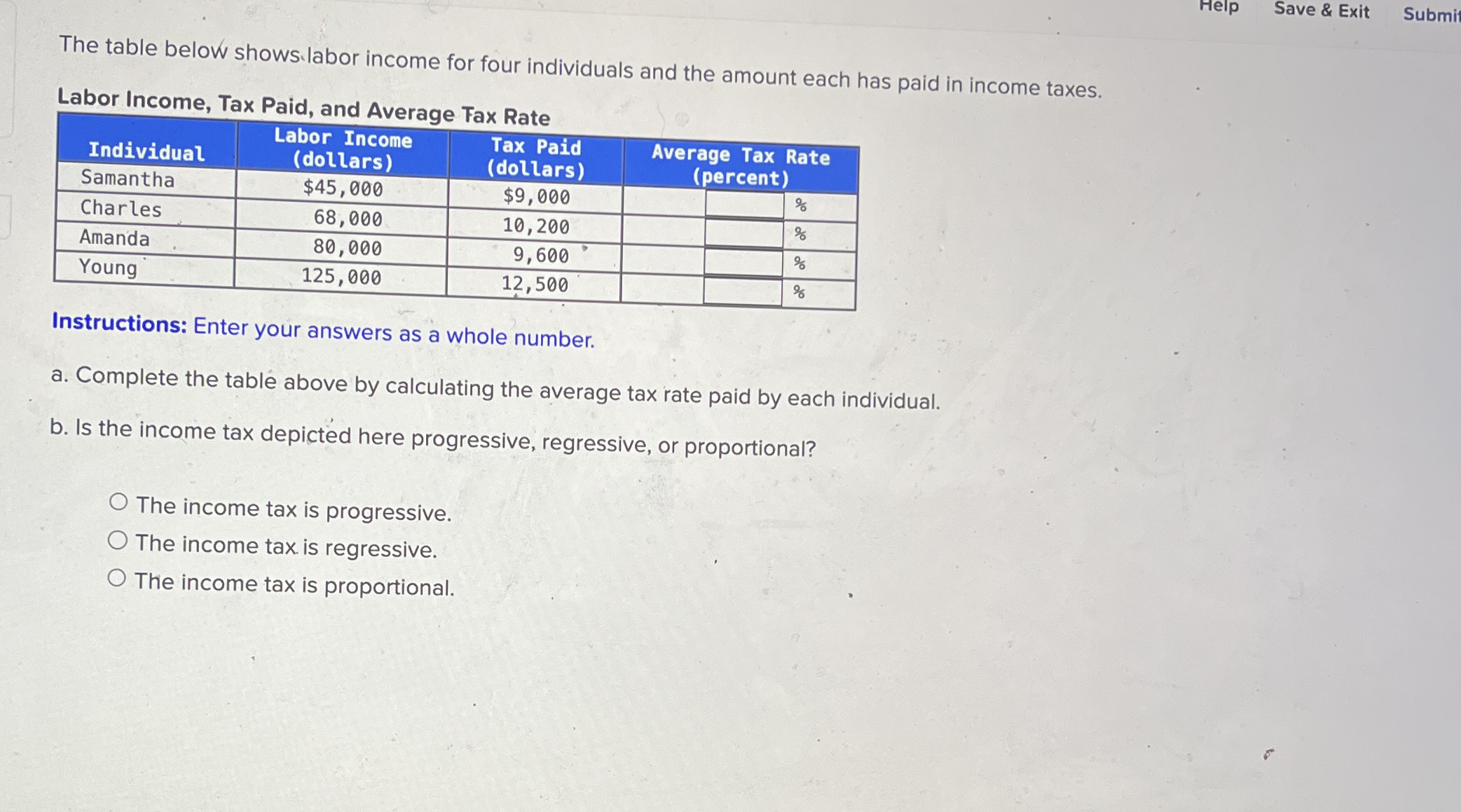 Help Save & Exit Submi The table below shows