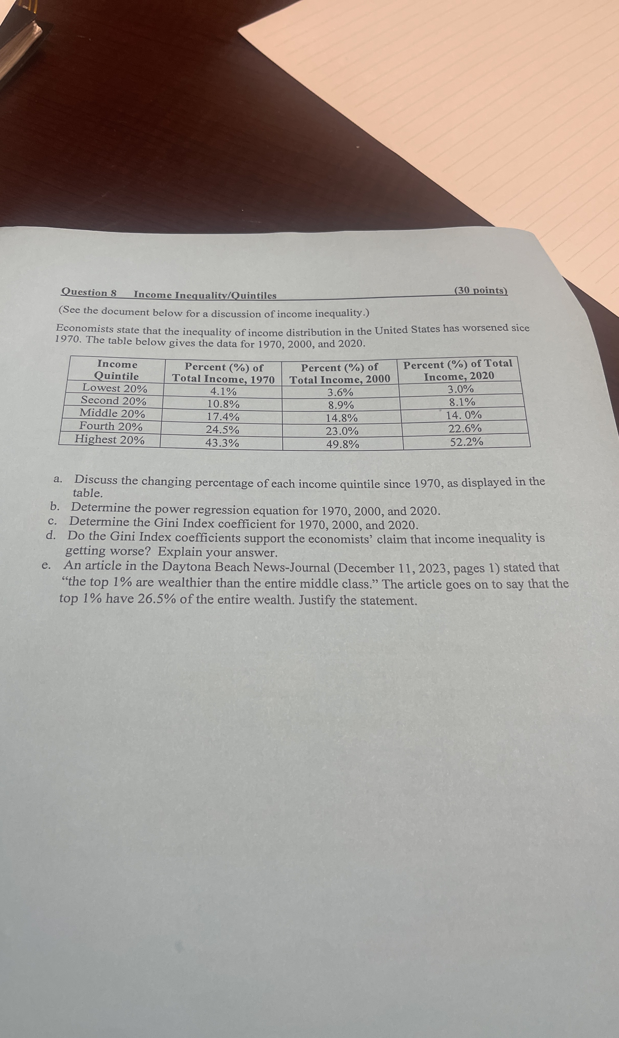 Question 8 Income Inequality / Quintiles ( 3 0