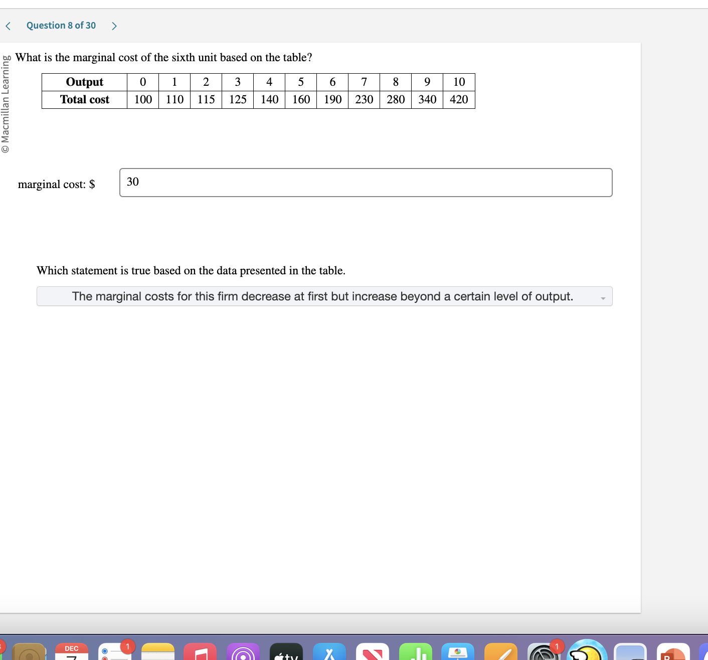 What is the marginal cost of the sixth unit based